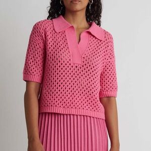 Sincerely Jules open knit Pink Sweater  shirt sleeves Polo cotton blend Sz XL
